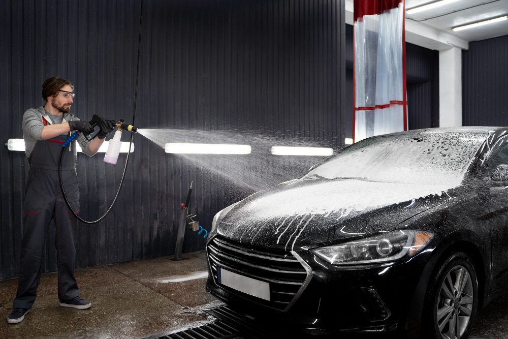 Professional car detailer in Sydney working on a luxury vehicle, showcasing mobile detailing services