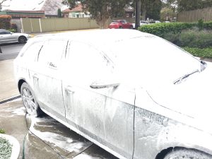 Petrol pressure washer creates foam which clings