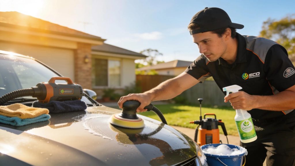 Mobile car detailing service showcasing a professional detailer cleaning a vehicle at home in Sydney