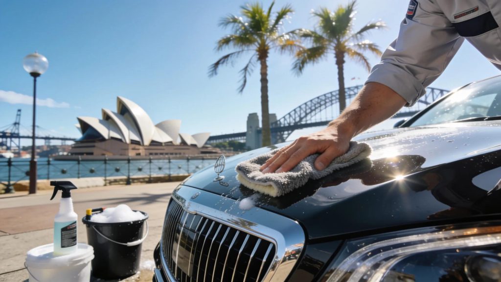 Premium car detailing services in Sydney with a technician working on a luxury vehicle